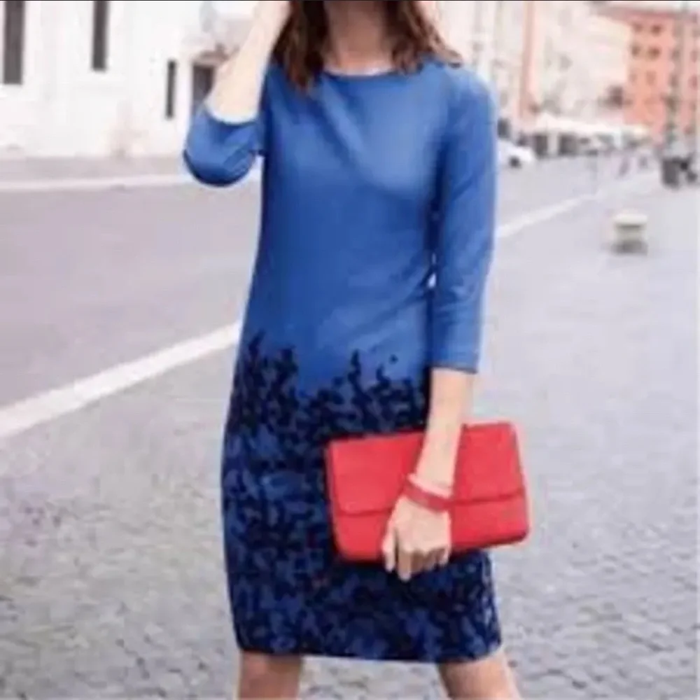 Boden Sheath Dress Stretch Ponte Fabric Blue Black Print 3/4 Sleeve Zip Back
